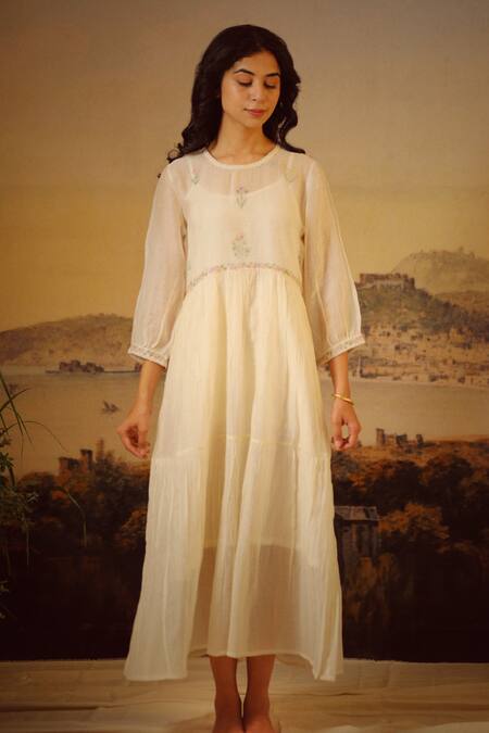 Buy_Tatwa_White Chanderi Embroidery Round Neck Handloom Tiered Dress _Online_at_Aza_Fashions