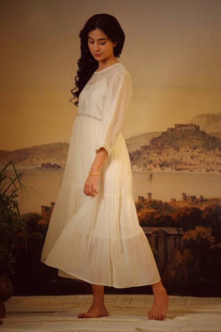 Shop_Tatwa_White Chanderi Embroidery Round Neck Handloom Tiered Dress _Online_at_Aza_Fashions
