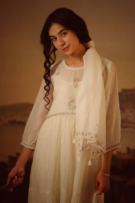 Tatwa_White Chanderi Embroidery Round Neck Handloom Tiered Dress _at_Aza_Fashions