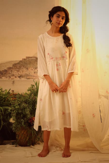 Tatwa_White Chanderi Sequins, Zari Round Neck Handloom Embroidered Dress _Online_at_Aza_Fashions
