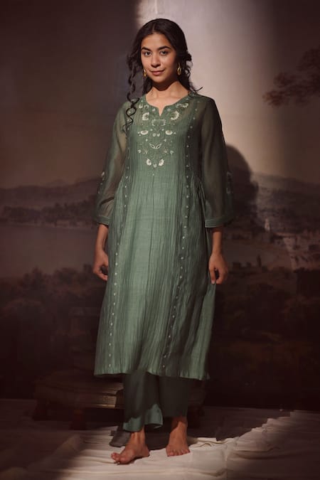 Tatwa_Green Handloom Cotton, Viscose, Silk Floral Embroidered Kurta And Pant Set _Online_at_Aza_Fashions