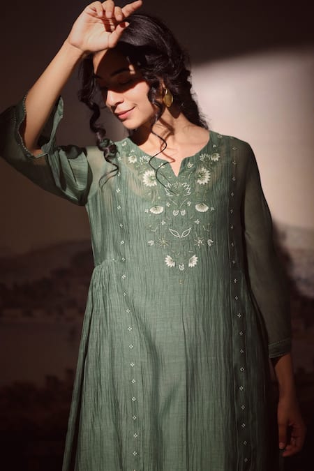 Shop_Tatwa_Green Handloom Cotton, Viscose, Silk Floral Embroidered Kurta And Pant Set _Online_at_Aza_Fashions