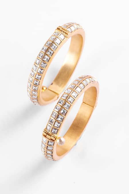 Shop Zevar King White Diamonds, Stones Jadau Kundan Bangles - Set Of 2 at Aza Fashions Shop_Zevar King_White Diamonds, Stones Jadau Kundan Bangles - Set Of 2 _at_Aza_Fashions