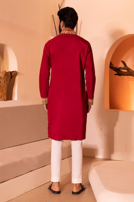 Shop Shreyansh Designs Red Silk, Cotton Embroidery Saheb Hand Kurta With Pant at Aza Fashions Shop_Shreyansh Designs_Red Silk, Cotton Embroidery Saheb Hand Kurta With Pant _at_Aza_Fashions