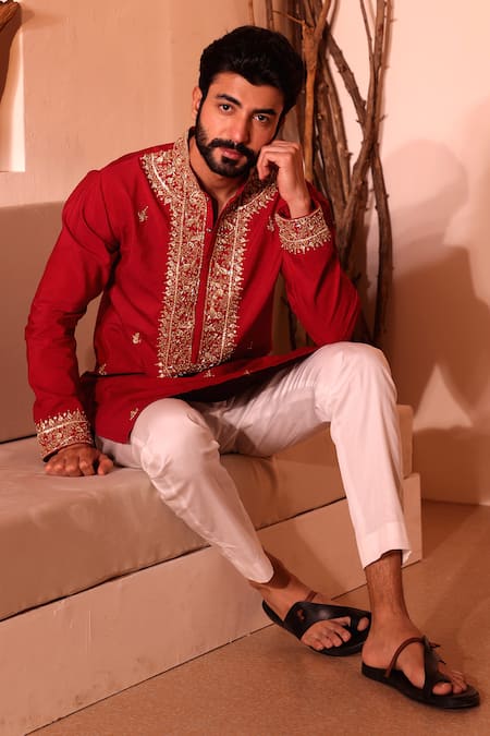 Shreyansh Designs Red Silk, Cotton Embroidery Saheb Hand Kurta With Pant Online at Aza Fashions Shreyansh Designs_Red Silk, Cotton Embroidery Saheb Hand Kurta With Pant _Online_at_Aza_Fashions