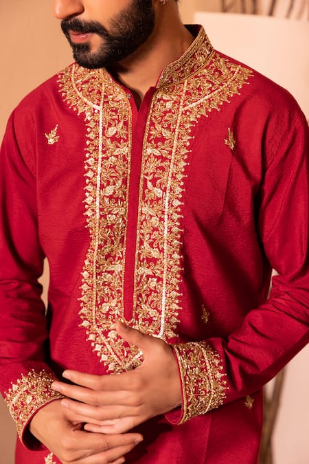 Buy Shreyansh Designs Red Silk, Cotton Embroidery Saheb Hand Kurta With Pant Online at Aza Fashions Buy_Shreyansh Designs_Red Silk, Cotton Embroidery Saheb Hand Kurta With Pant _Online_at_Aza_Fashions