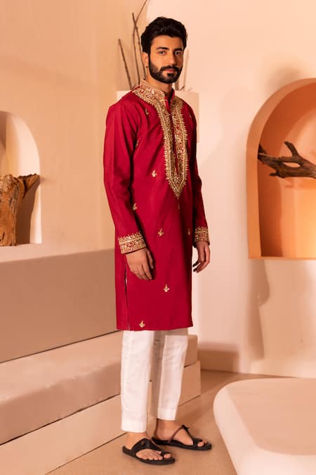 Shop Shreyansh Designs Red Silk, Cotton Embroidery Saheb Hand Kurta With Pant Online at Aza Fashions Shop_Shreyansh Designs_Red Silk, Cotton Embroidery Saheb Hand Kurta With Pant _Online_at_Aza_Fashions