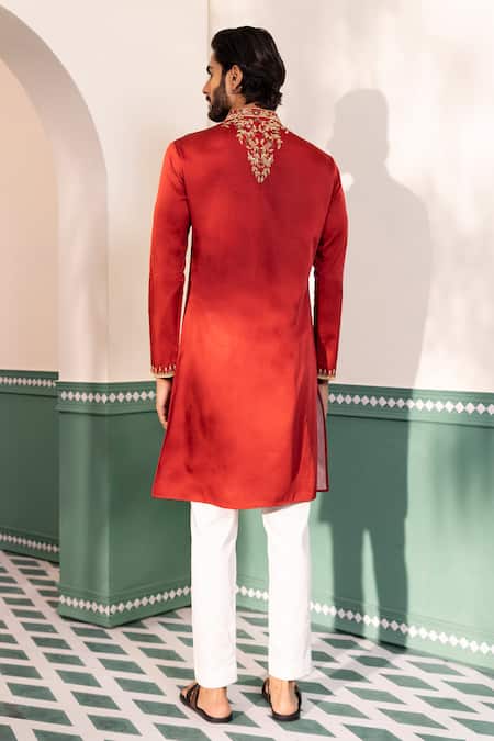 Shop Shreyansh Designs Red Silk Embroidery Noraiz Floral Yoke Kurta With Pant at Aza Fashions Shop_Shreyansh Designs_Red Silk Embroidery Noraiz Floral Yoke Kurta With Pant _at_Aza_Fashions