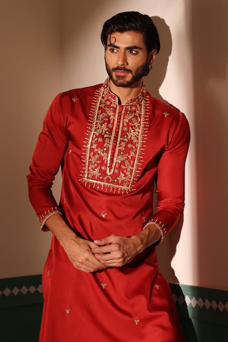 Shreyansh Designs Red Silk Embroidery Noraiz Floral Yoke Kurta With Pant Online at Aza Fashions Shreyansh Designs_Red Silk Embroidery Noraiz Floral Yoke Kurta With Pant _Online_at_Aza_Fashions
