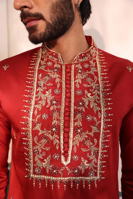Buy Shreyansh Designs Red Silk Embroidery Noraiz Floral Yoke Kurta With Pant Online at Aza Fashions Buy_Shreyansh Designs_Red Silk Embroidery Noraiz Floral Yoke Kurta With Pant _Online_at_Aza_Fashions