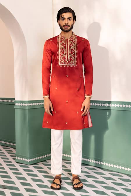 Shop Shreyansh Designs Red Silk Embroidery Noraiz Floral Yoke Kurta With Pant Online at Aza Fashions Shop_Shreyansh Designs_Red Silk Embroidery Noraiz Floral Yoke Kurta With Pant _Online_at_Aza_Fashions