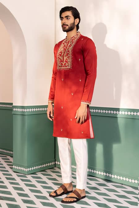 Shreyansh Designs Red Silk Embroidery Noraiz Floral Yoke Kurta With Pant at Aza Fashions Shreyansh Designs_Red Silk Embroidery Noraiz Floral Yoke Kurta With Pant _at_Aza_Fashions