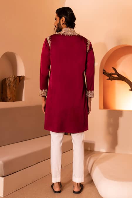 Shop Shreyansh Designs Red Silk, Cotton Beads Farmaan Floral Thread Embroidered Kurta With Pant at Aza Fashions Shop_Shreyansh Designs_Red Silk, Cotton Beads Farmaan Floral Thread Embroidered Kurta With Pant _at_Aza_Fashions