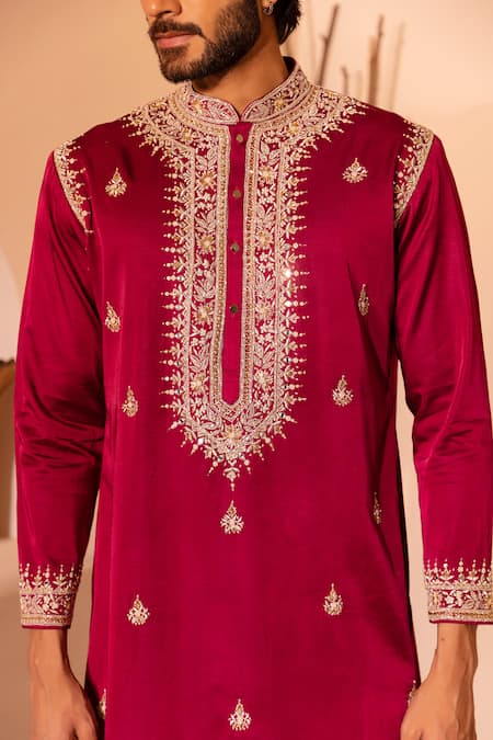 Buy Shreyansh Designs Red Silk, Cotton Beads Farmaan Floral Thread Embroidered Kurta With Pant Online at Aza Fashions Buy_Shreyansh Designs_Red Silk, Cotton Beads Farmaan Floral Thread Embroidered Kurta With Pant _Online_at_Aza_Fashions