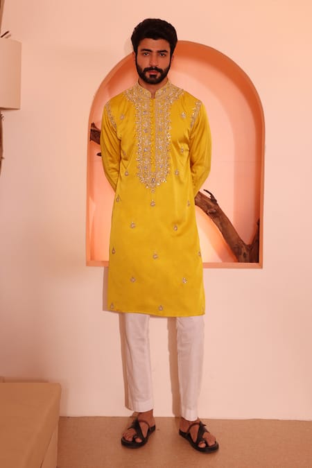 Shreyansh Designs Yellow Padma Silk Hand Embroidery Floral Aain Kurta With Pant 