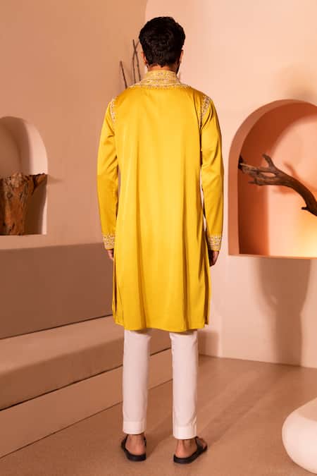 Shop Shreyansh Designs Yellow Silk, Cotton Embroidery Aain Hand Kurta With Pant at Aza Fashions Shop_Shreyansh Designs_Yellow Silk, Cotton Embroidery Aain Hand Kurta With Pant _at_Aza_Fashions