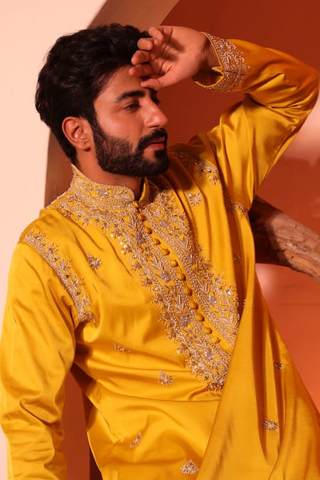 Shreyansh Designs Yellow Silk, Cotton Embroidery Aain Hand Kurta With Pant Online at Aza Fashions Shreyansh Designs_Yellow Silk, Cotton Embroidery Aain Hand Kurta With Pant _Online_at_Aza_Fashions