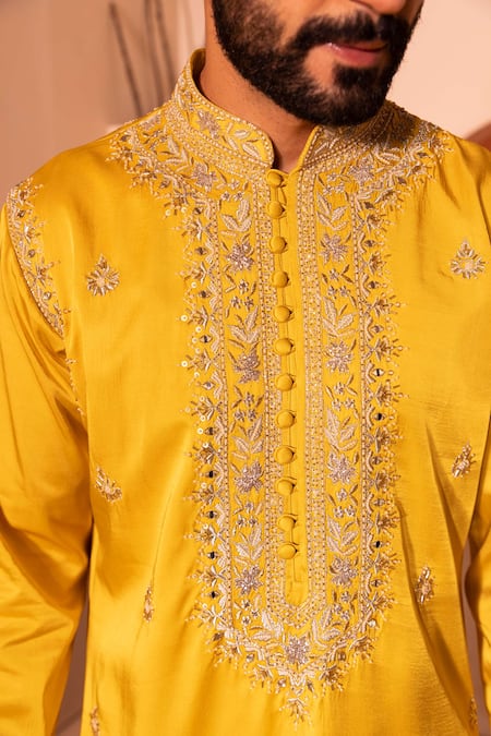 Buy Shreyansh Designs Yellow Silk, Cotton Embroidery Aain Hand Kurta With Pant Online at Aza Fashions Buy_Shreyansh Designs_Yellow Silk, Cotton Embroidery Aain Hand Kurta With Pant _Online_at_Aza_Fashions