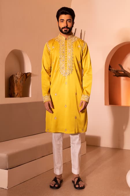 Shop Shreyansh Designs Yellow Silk, Cotton Embroidery Aain Hand Kurta With Pant Online at Aza Fashions Shop_Shreyansh Designs_Yellow Silk, Cotton Embroidery Aain Hand Kurta With Pant _Online_at_Aza_Fashions