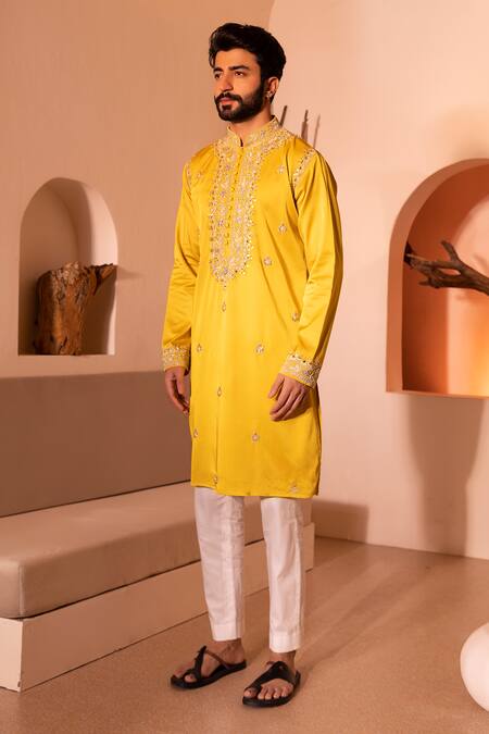 Shreyansh Designs Yellow Silk, Cotton Embroidery Aain Hand Kurta With Pant at Aza Fashions Shreyansh Designs_Yellow Silk, Cotton Embroidery Aain Hand Kurta With Pant _at_Aza_Fashions