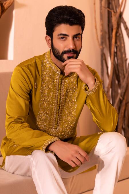 Shreyansh Designs Yellow Silk, Cotton Sequins, Faqat Floral Bloom Embroidered Kurta With Pant Online at Aza Fashions Shreyansh Designs_Yellow Silk, Cotton Sequins, Faqat Floral Bloom Embroidered Kurta With Pant _Online_at_Aza_Fashions