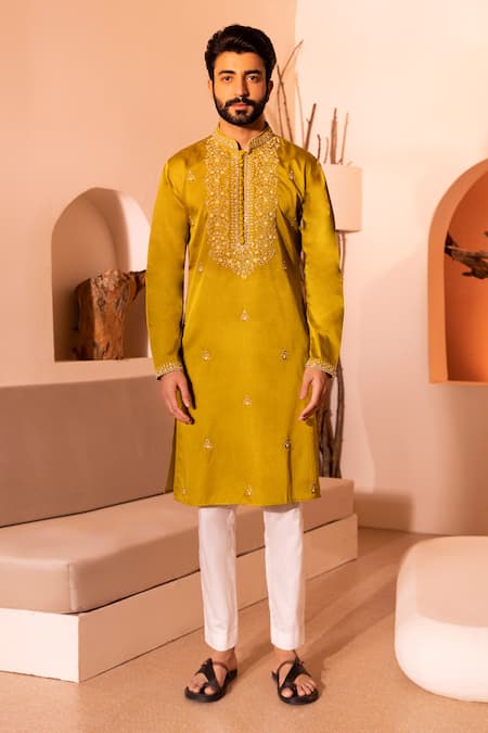Shop Shreyansh Designs Yellow Silk, Cotton Sequins, Faqat Floral Bloom Embroidered Kurta With Pant Online at Aza Fashions Shop_Shreyansh Designs_Yellow Silk, Cotton Sequins, Faqat Floral Bloom Embroidered Kurta With Pant _Online_at_Aza_Fashions