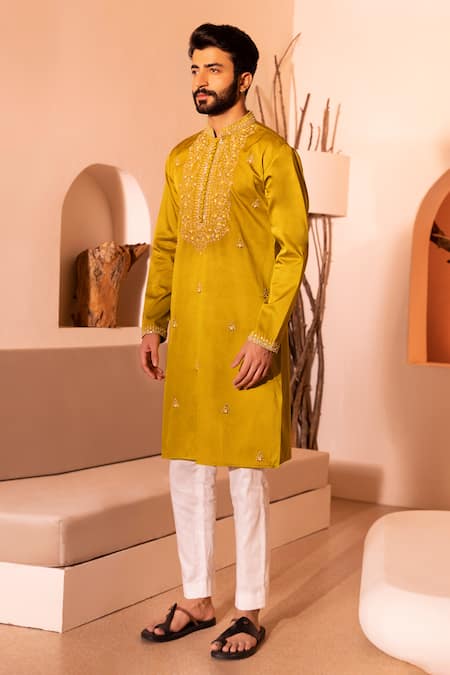 Shreyansh Designs Yellow Silk, Cotton Sequins, Faqat Floral Bloom Embroidered Kurta With Pant at Aza Fashions Shreyansh Designs_Yellow Silk, Cotton Sequins, Faqat Floral Bloom Embroidered Kurta With Pant _at_Aza_Fashions