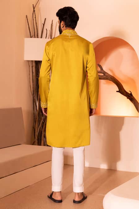 Shop Shreyansh Designs Yellow Silk, Cotton Sequins, Beads, Embroidery Hasrat Placket Kurta With Pant at Aza Fashions Shop_Shreyansh Designs_Yellow Silk, Cotton Sequins, Beads, Embroidery Hasrat Placket Kurta With Pant _at_Aza_Fashions