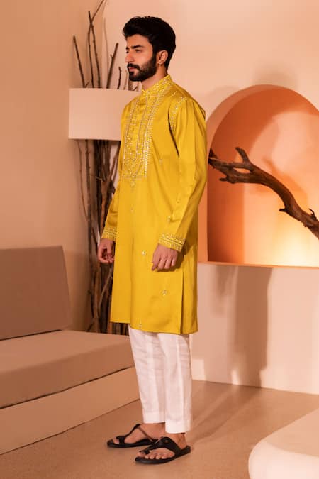 Shop Shreyansh Designs Yellow Silk, Cotton Sequins, Beads, Embroidery Hasrat Placket Kurta With Pant Online at Aza Fashions Shop_Shreyansh Designs_Yellow Silk, Cotton Sequins, Beads, Embroidery Hasrat Placket Kurta With Pant _Online_at_Aza_Fashions