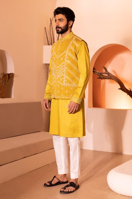 Buy Shreyansh Designs Yellow Silk Sequins, Beads, Embroidery Gulzar Hand Waistcoat Online at Aza Fashions Buy_Shreyansh Designs_Yellow Silk Sequins, Beads, Embroidery Gulzar Hand Waistcoat _Online_at_Aza_Fashions