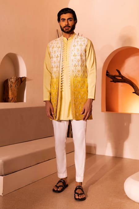 Shop Shreyansh Designs Yellow Silk, Cotton Beads, Embroidery Sajda Floral Jacket Pant Set Online at Aza Fashions Shop_Shreyansh Designs_Yellow Silk, Cotton Beads, Embroidery Sajda Floral Jacket Pant Set _Online_at_Aza_Fashions