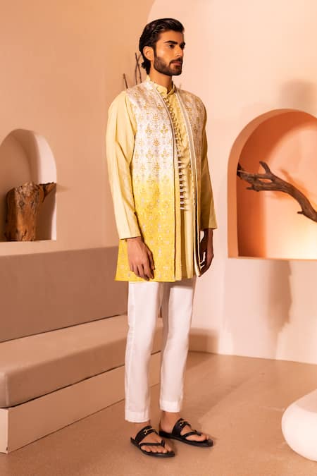 Shreyansh Designs Yellow Silk, Cotton Beads, Embroidery Sajda Floral Jacket Pant Set at Aza Fashions Shreyansh Designs_Yellow Silk, Cotton Beads, Embroidery Sajda Floral Jacket Pant Set _at_Aza_Fashions