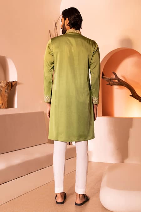 Shop Shreyansh Designs Green Silk, Cotton Sequins Raihbar Floral Embroidered Placket Kurta With Pant at Aza Fashions Shop_Shreyansh Designs_Green Silk, Cotton Sequins Raihbar Floral Embroidered Placket Kurta With Pant _at_Aza_Fashions
