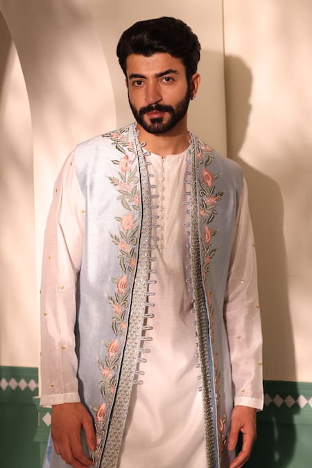 Shreyansh Designs Blue Silk Cut Work, Beads Noor Floral Embroidered Shrug Pant Set Online at Aza Fashions Shreyansh Designs_Blue Silk Cut Work, Beads Noor Floral Embroidered Shrug Pant Set _Online_at_Aza_Fashions