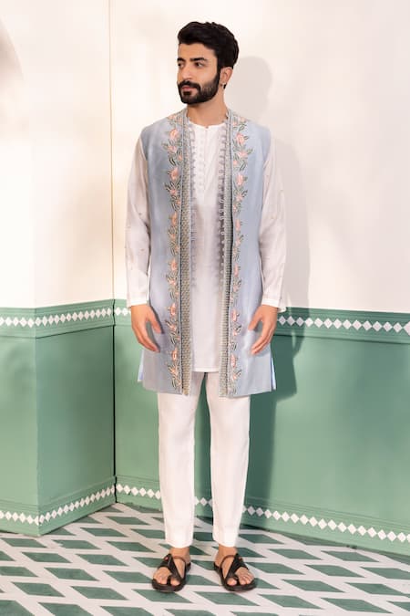 Shop Shreyansh Designs Blue Silk Cut Work, Beads Noor Floral Embroidered Shrug Pant Set Online at Aza Fashions Shop_Shreyansh Designs_Blue Silk Cut Work, Beads Noor Floral Embroidered Shrug Pant Set _Online_at_Aza_Fashions