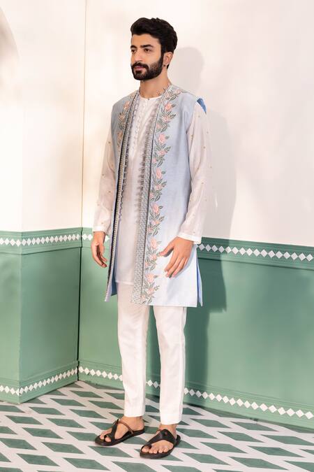 Shreyansh Designs Blue Silk Cut Work, Beads Noor Floral Embroidered Shrug Pant Set at Aza Fashions Shreyansh Designs_Blue Silk Cut Work, Beads Noor Floral Embroidered Shrug Pant Set _at_Aza_Fashions