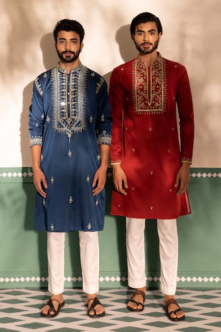 Shreyansh Designs_Blue Silk, Cotton Beads, Cut Work Arsh Mirror And Embroidered Kurta With Pant _Online_at_Aza_Fashions