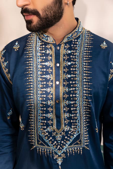 Buy_Shreyansh Designs_Blue Silk, Cotton Beads, Cut Work Arsh Mirror And Embroidered Kurta With Pant _Online_at_Aza_Fashions