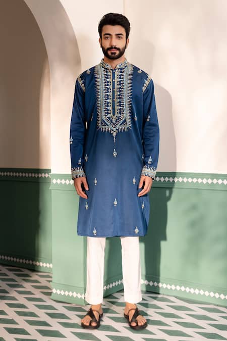 Shop_Shreyansh Designs_Blue Silk, Cotton Beads, Cut Work Arsh Mirror And Embroidered Kurta With Pant _Online_at_Aza_Fashions
