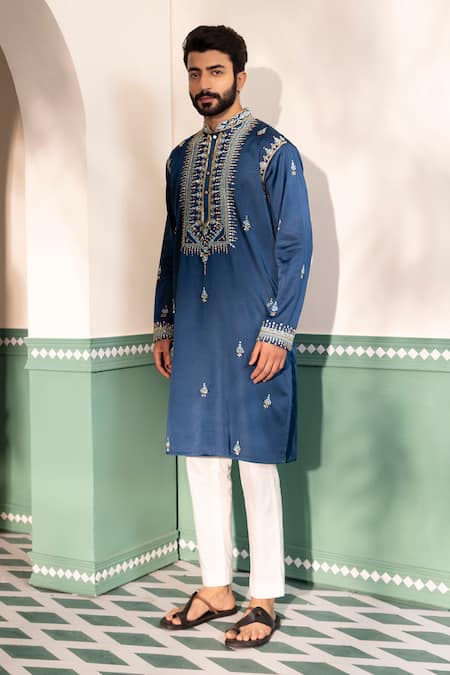 Shreyansh Designs_Blue Silk, Cotton Beads, Cut Work Arsh Mirror And Embroidered Kurta With Pant _at_Aza_Fashions