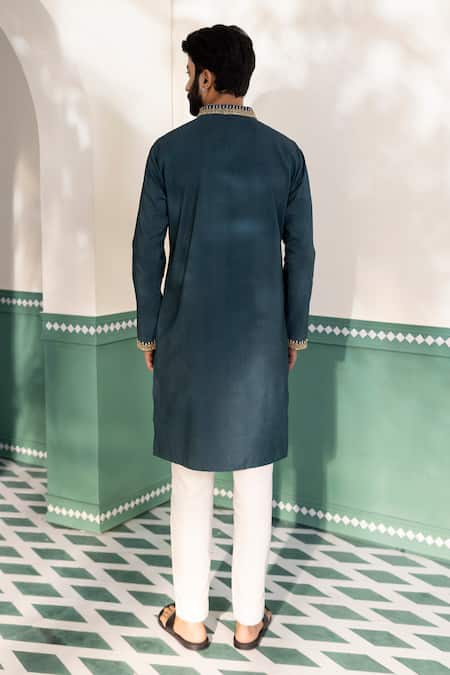 Shop_Shreyansh Designs_Green Silk, Cotton Embroidery Mushq Hand Kurta With Pant _at_Aza_Fashions