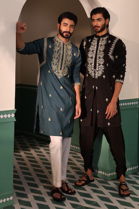 Shreyansh Designs_Green Silk, Cotton Embroidery Mushq Hand Kurta With Pant _Online_at_Aza_Fashions