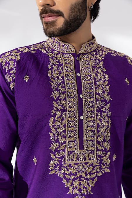 Shreyansh Designs Purple Silk Cut Work Sifat Embroidered Placket Kurta With Pant Online at Aza Fashions Shreyansh Designs_Purple Silk Cut Work Sifat Embroidered Placket Kurta With Pant _Online_at_Aza_Fashions