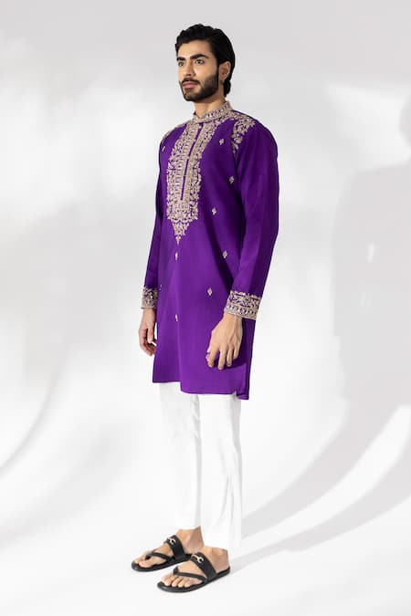 Shop Shreyansh Designs Purple Silk Cut Work Sifat Embroidered Placket Kurta With Pant Online at Aza Fashions Shop_Shreyansh Designs_Purple Silk Cut Work Sifat Embroidered Placket Kurta With Pant _Online_at_Aza_Fashions