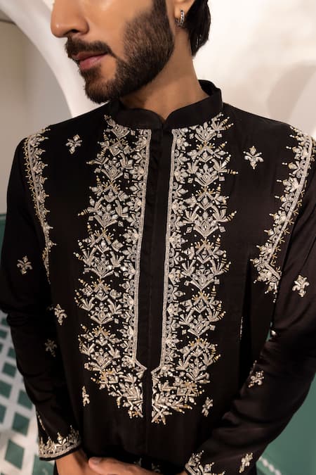Shreyansh Designs Black Silk Cut Work, Embroidery Shehanshah Geometric Kurta With Pant Online at Aza Fashions Shreyansh Designs_Black Silk Cut Work, Embroidery Shehanshah Geometric Kurta With Pant _Online_at_Aza_Fashions