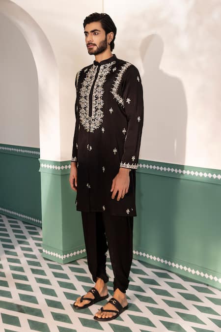 Shop Shreyansh Designs Black Silk Cut Work, Embroidery Shehanshah Geometric Kurta With Pant Online at Aza Fashions Shop_Shreyansh Designs_Black Silk Cut Work, Embroidery Shehanshah Geometric Kurta With Pant _Online_at_Aza_Fashions
