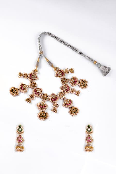 Shop Zevar King Multi Color Pearls, Stones Vintage Jadau Kundan Necklace Set at Aza Fashions Shop_Zevar King_Multi Color Pearls, Stones Vintage Jadau Kundan Necklace Set _at_Aza_Fashions
