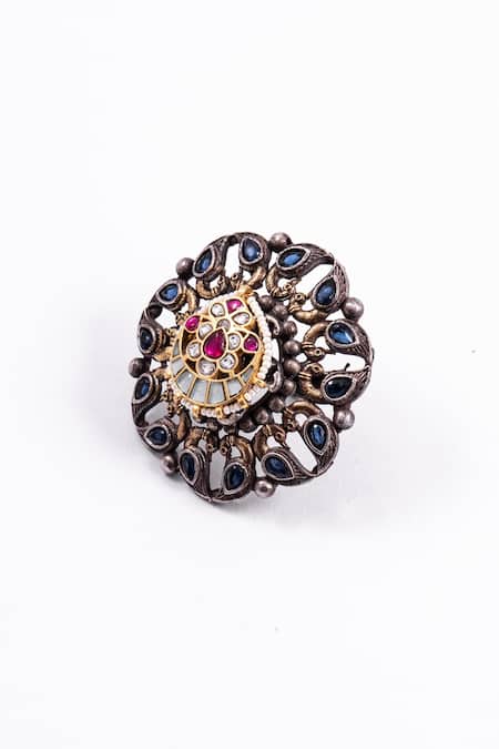 Shop Zevar King Multi Color Diamonds, Pearls Jadau Kundan Bird Motif Ring at Aza Fashions Shop_Zevar King_Multi Color Diamonds, Pearls Jadau Kundan Bird Motif Ring _at_Aza_Fashions