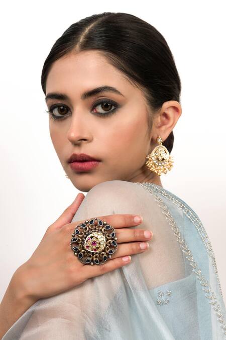 Shop Zevar King Multi Color Diamonds, Pearls Jadau Kundan Bird Motif Ring Online at Aza Fashions Shop_Zevar King_Multi Color Diamonds, Pearls Jadau Kundan Bird Motif Ring _Online_at_Aza_Fashions