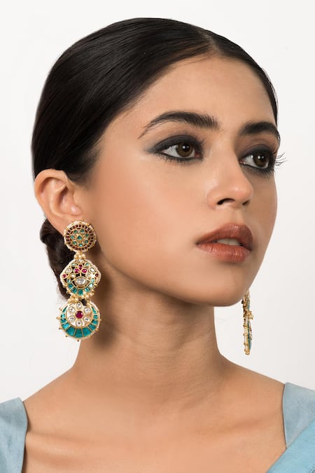 Zevar King Multi Color Diamonds, Pearls Jadau Kundan Embellished Chandbalis 